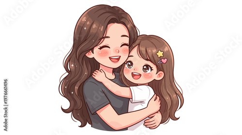 Mother and daughter embracing warmly, a tender moment of love and connection, illustrated with soft features and joyful expressions