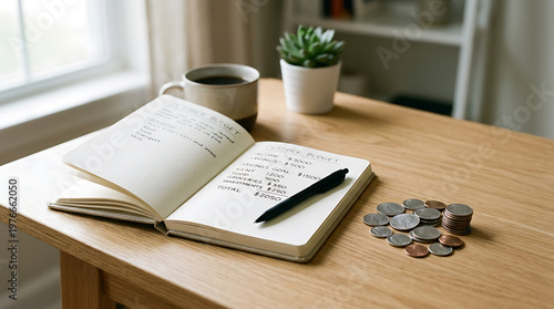 Open notebook with pen, coffee cup, and coins on wooden desk
