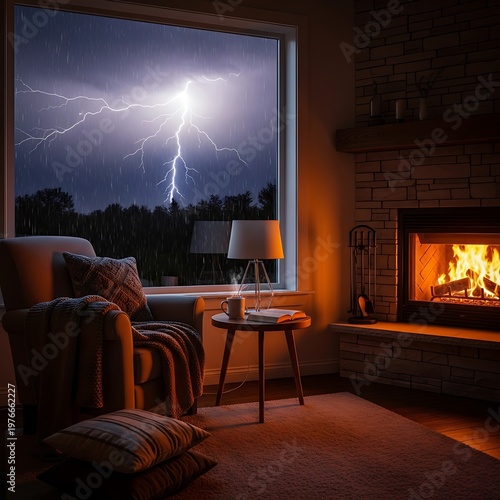 Cozy living room with fireplace and lightning storm outside window.