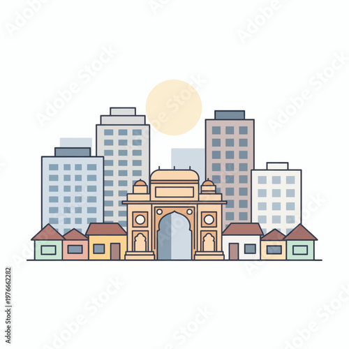 Cityscape of a Historical Gate with Buildings and Houses