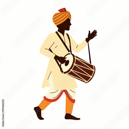 Man playing a drum in traditional clothing, a festive celebration