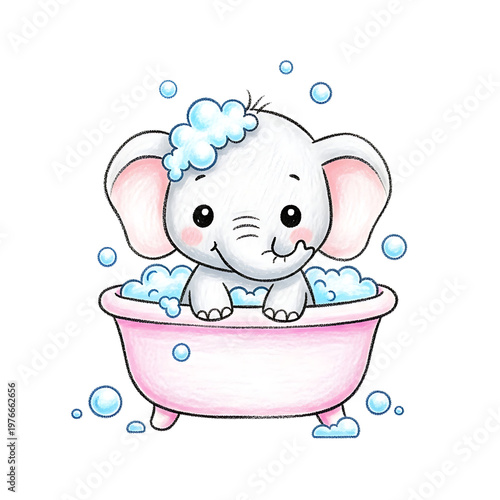 Cute baby elephant enjoying a bubble bath in a pink tub, cartoon illustration.