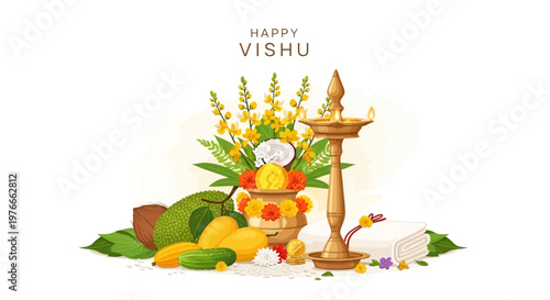 Vector illustration showcasing a Happy Vishu Kani concept with traditional Kerala culture elements like golden shower flowers, oil lamp, and fruits arranged against a clean white