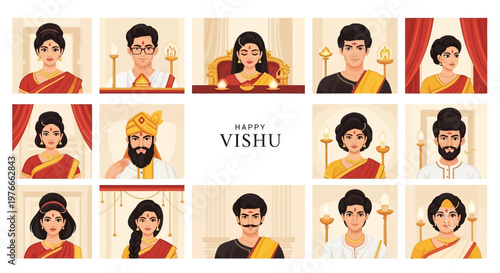 A flat lay illustration featuring traditionally dressed family members celebrating the Kerala cultural festival of Vishu with festive decorations in a vector design, conveying a warm