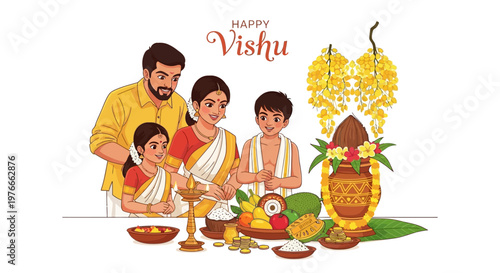 A cheerful family celebrates the Malayalam New Year, Happy Vishu, in a vibrant vector illustration featuring traditional Kerala culture with a Vishu Kani arrangement, set against a clean