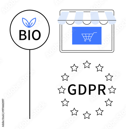 Sustainable business, e-commerce, online shopping, European regulations, digital privacy, organic certification. Circular bio label, GDPR stars storefront cart icon. Sustainability and e-commerce