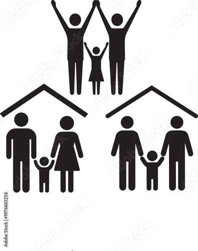 Set of family icons, including traditional and samesex couples with children