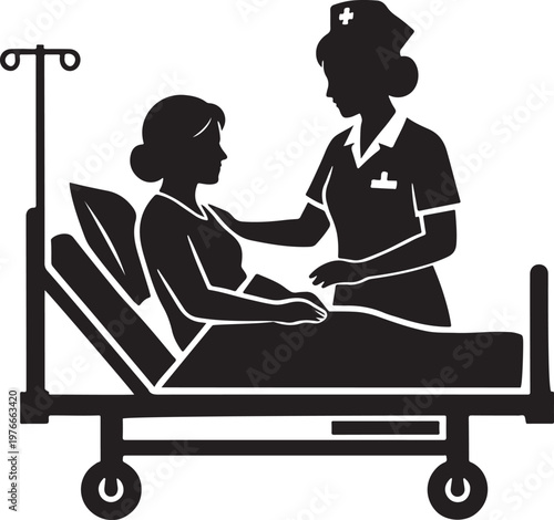 Silhouette of a nurse caring for a patient in a hospital bed