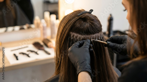 Professional stylist applying hair extensions to a woman's long brown hair in a salon setting