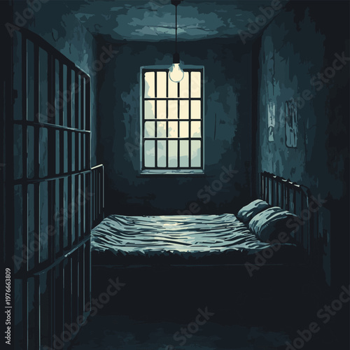 A dimly lit prison cell featuring a simple bed and barred window, evoking feelings of confinement and solitude.