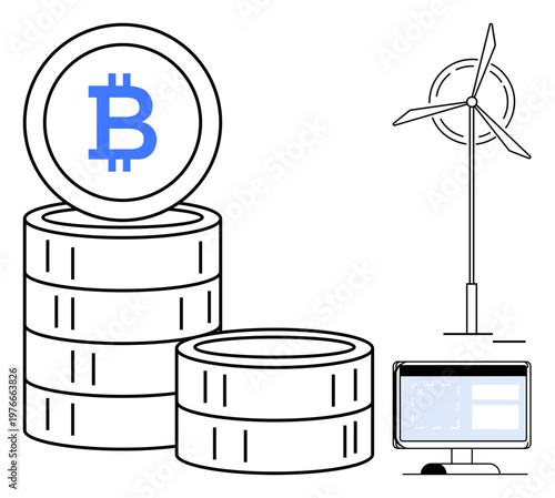 Renewable energy, cryptocurrency mining, tech innovation, digital currency, blockchain concepts, financial technology. Bitcoin stacks, wind turbine computer screen. Renewable energy