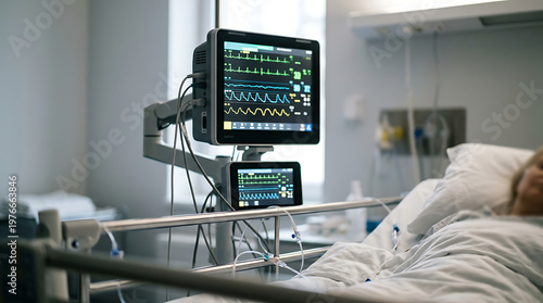 Patient in Hospital Bed with Vital Signs Monitor Displaying Heartbeat and ECG