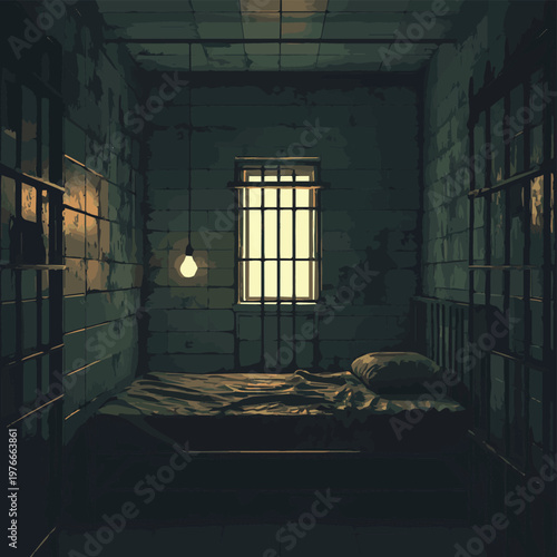 A dimly lit prison cell features a simple bed and a barred window, evoking a sense of confinement and solitude.