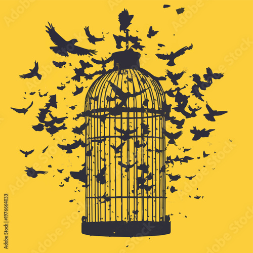A powerful illustration of freedom with birds escaping from a cage against a vibrant yellow background.