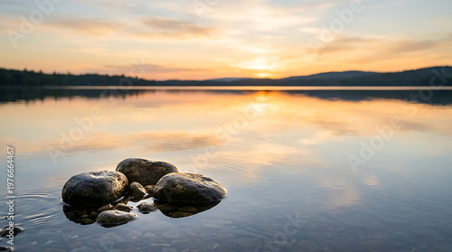 Peaceful lake sunrise with calm water and reflective sky, foreground rocks.
