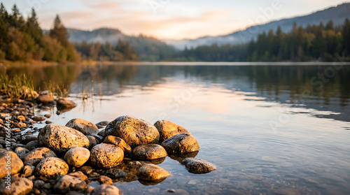 Peaceful lake with misty mountains and rocky shore at sunrise, serene nature landscape.