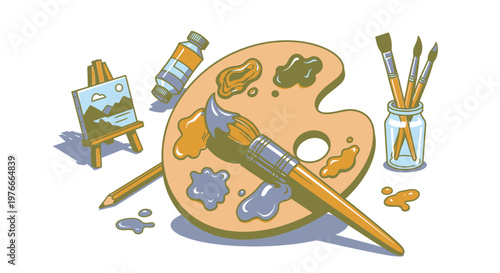 Artist's Tools and Painting Palette with Landscape Artwork