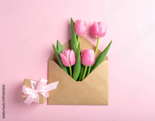 Beautiful spring bouquet of pink tulip flowers with a blank gift card and green leaves on a rustic wooden background for a holiday celebration or Easter floral blossom beauty