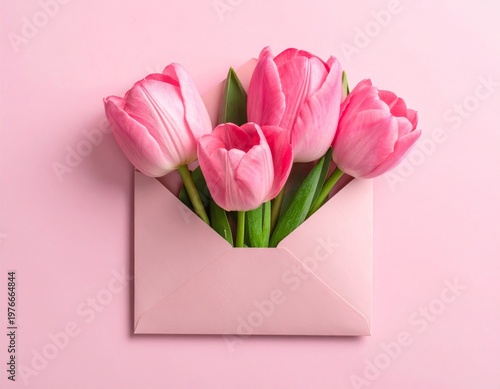 Beautiful spring bouquet of pink tulip flowers with a blank gift card and green leaves on a rustic wooden background for a holiday celebration or Easter floral blossom beauty