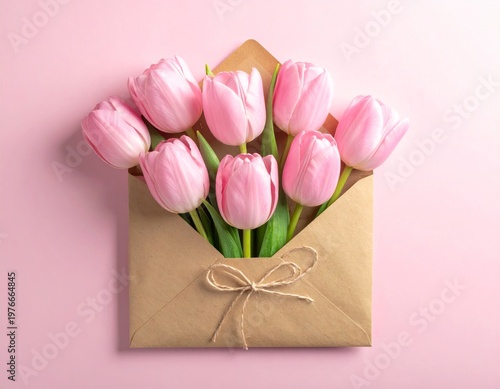 Beautiful spring bouquet of pink tulip flowers with a blank gift card and green leaves on a rustic wooden background for a holiday celebration or Easter floral blossom beauty