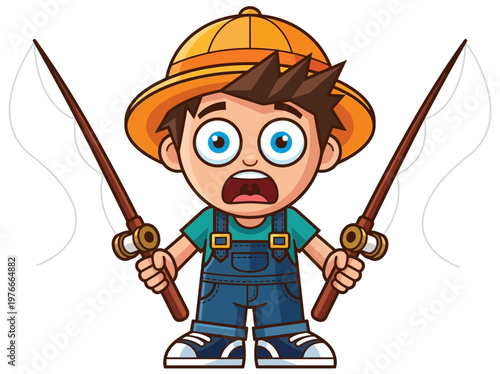 Surprised Cartoon Boy Fisherman Holding Two Fishing Rods in Overalls and Safari Hat, Isolated on White Background