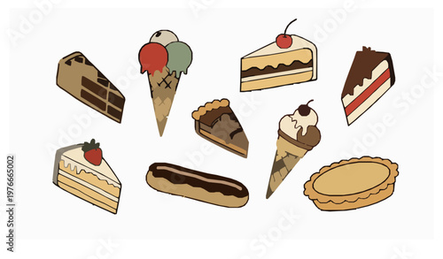 Playful retro dessert collection vector with cakes ice cream waffles and pastry sweets hand drawn style