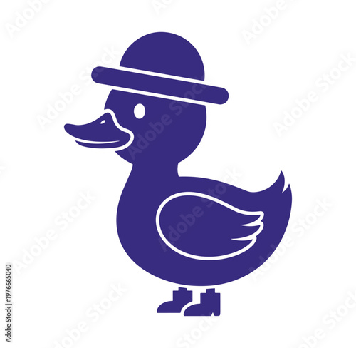 Purple duck wearing a bowler hat and shoes standing alone