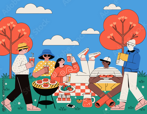 Group of diverse friends enjoying a spring picnic outdoors with food, drinks, and colorful trees under a clear blue sky, celebrating Labor Day in a vibrant park setting
