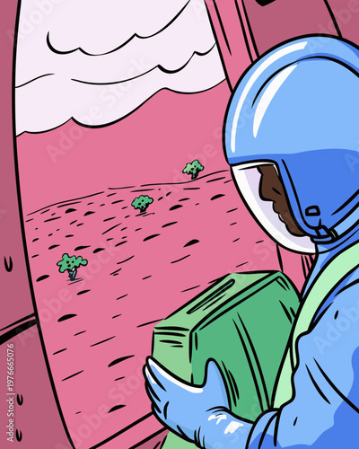 Rescue pilot in blue helmet and green uniform holds a package of humanitarian aid while looking out of a helicopter window at landscape with small trees and clouds