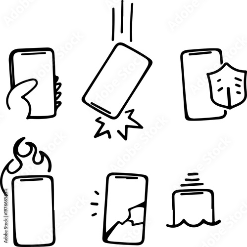 Hand drawn smartphone insurance icons set, broken mobile phone screen and falling device doodles, waterproof and fire protection vector elements