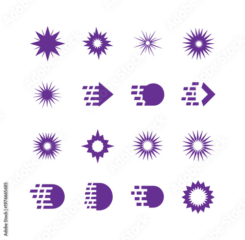 Purple starburst and arrow graphic icons on white background