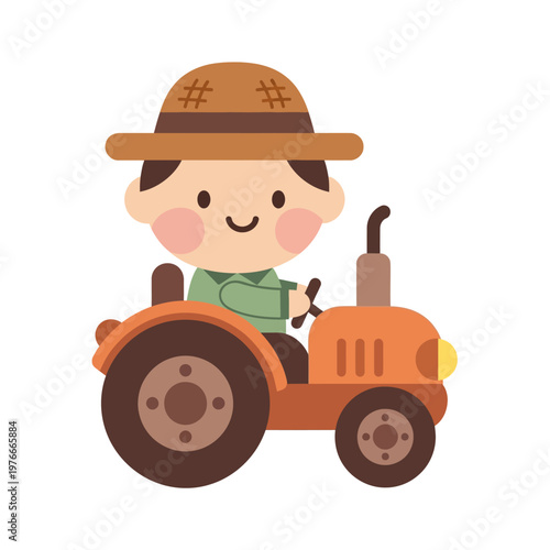 Cartoon farmer driving an orange tractor with a straw hat on, representing agricultural work and rural life