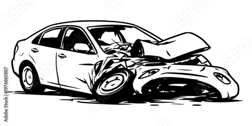 Detailed black drawing of a damaged car with a crumpled hood and smashed front bumper. Ideal for insurance, road safety, accident reporting, and automotive repair themes.