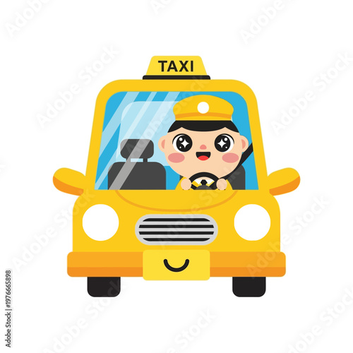 Cute cartoon yellow taxi cab with driver, cheerful graphic illustration for transportation and travel services