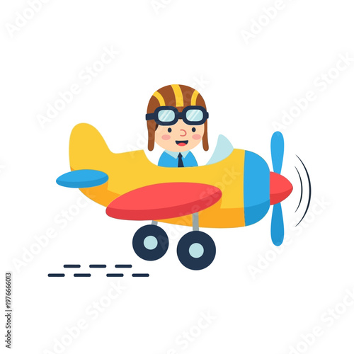 Cute cartoon pilot in a yellow airplane, flying in the sky with motion lines
