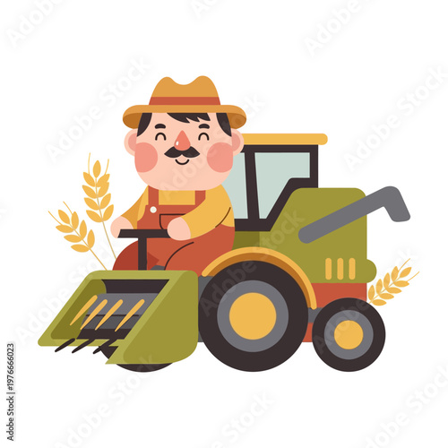 Cartoon farmer driving a combine harvester through a wheat field, ready for harvest season