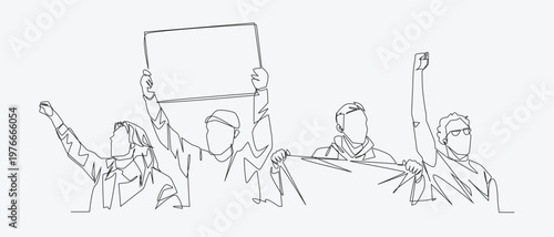 Continuous line drawing of protest crowd holding banner, holding flag, raised fists. Editable line. Vector illustration.