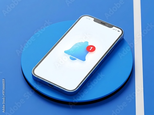 Smartphone with notification bell icon on screen on blue platform with white stripe