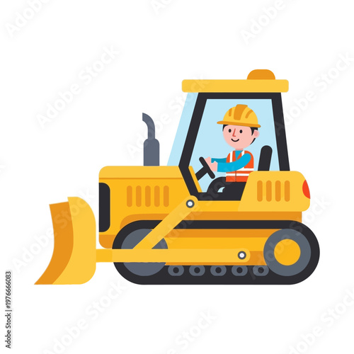 Skilled construction worker operates a powerful yellow bulldozer, performing earthmoving and ground preparation for site development, symbolizing industrial labor