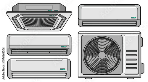 Set of Air Conditioner Units Icons - Wall Mounted, Cassette, and Outdoor Compressor HVAC Systems for Home and Office Climate Control