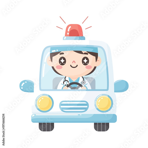 Doctor driving an ambulance with a siren, conveying emergency medical services and healthcare professionals