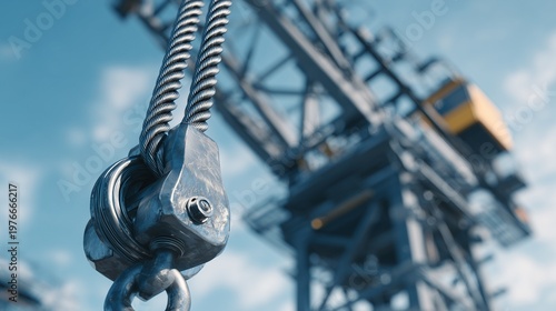 Steel hook and cable from a construction crane in use during daylight at a building site