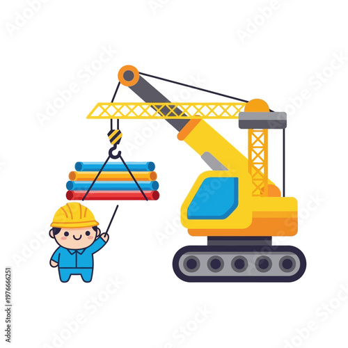 Illustration of a skilled construction worker supervising a heavy-duty crane lifting building materials, depicting efficient industrial work and project management on site