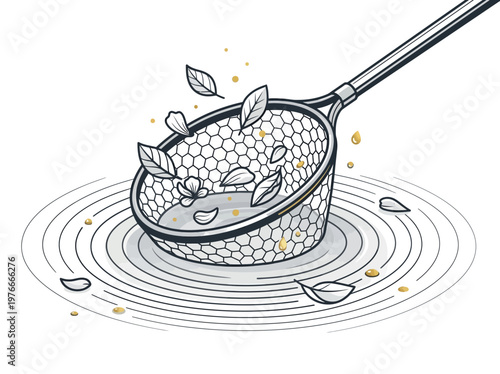 Zen Minimalist Line Art Illustration of a Hand Net Skimming Leaves and Flower Petals from Water Ripples