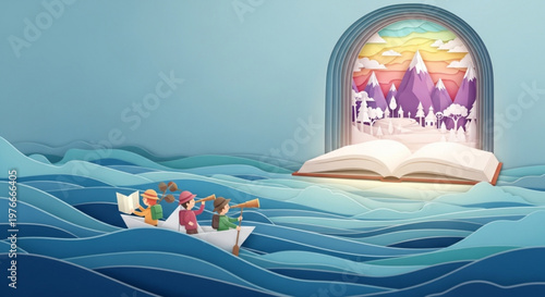 Children exploring with binoculars in boat towards paper book landscape