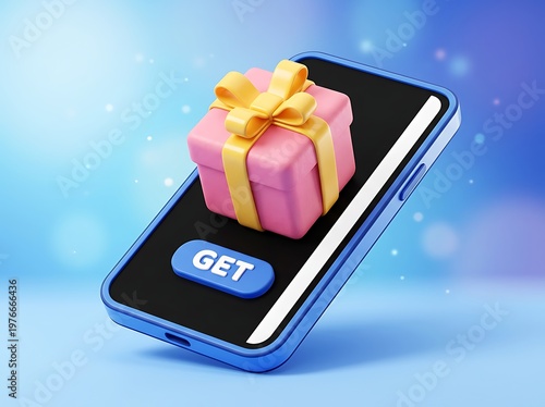 Smartphone with pink gift box and yellow ribbon on screen with get button on blue background with bokeh effect  mobile phone with present and get text on display