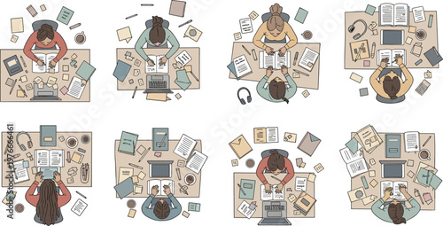 Top View Study Desk Scenes Set with Students Writing Reading Laptop Notes and Workspace Organization Flat Vector Illustration Collection