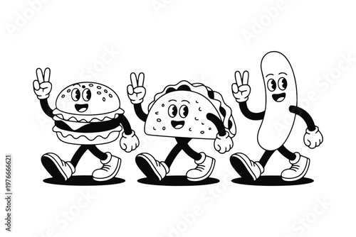 Black and white cartoon of burger taco and hotdog characters making peace signs