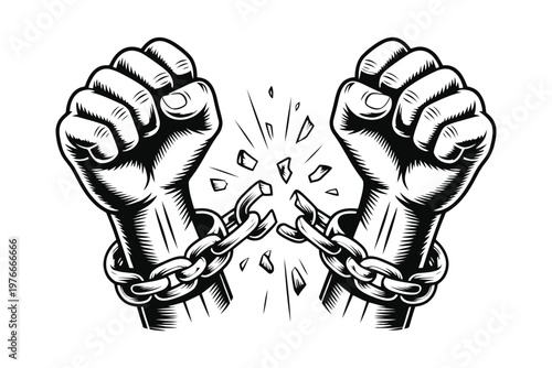 Black and white hands breaking metal chain freedom