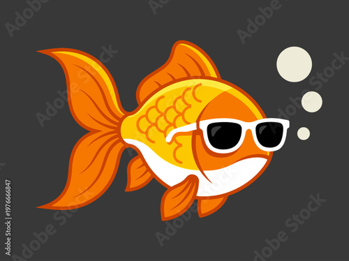 Cool Goldfish Wearing Sunglasses Vector Illustration, Funny Cartoon Fish Character on Dark Background